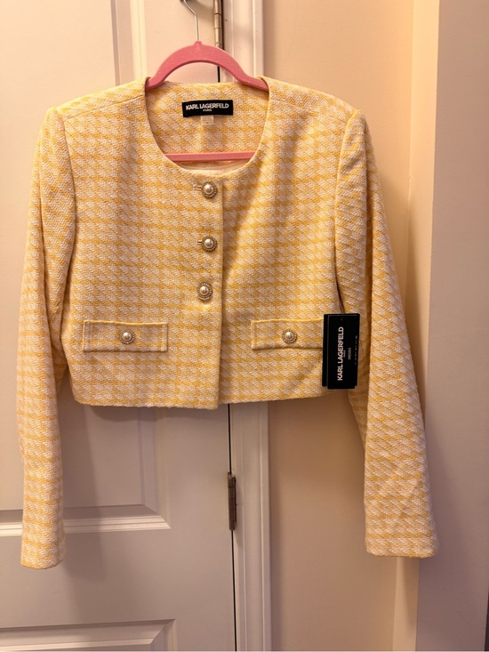 Karl Lagerfeld Jackets & Blazers - Yellow Houndstooth Cropped Tweed Jacket - Women's Lightweight Coat